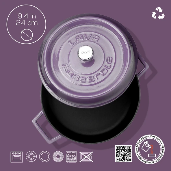 Lava Döküm Çok Amaçlı Yayvan Tencere. Trendy Serisi Çap(Ø)24cm.  Mor - Resim 4