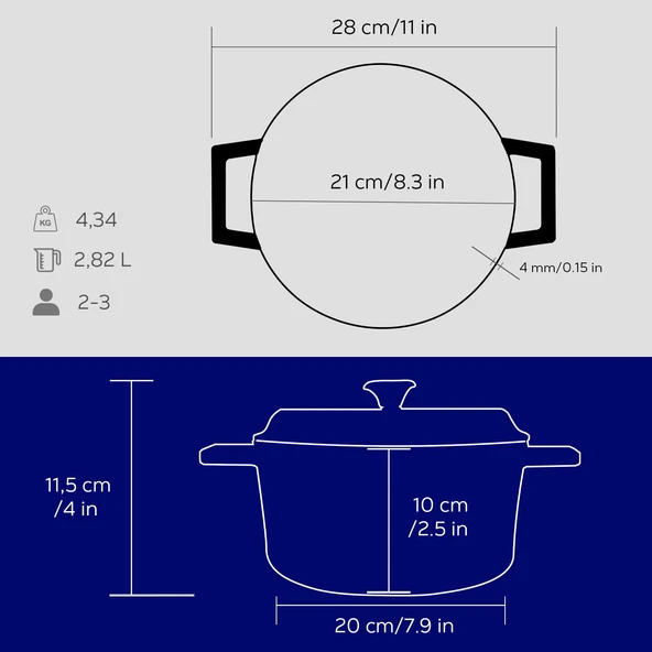 Lava Döküm Yuvarlak Tencere. Trendy Çap(Ø)20cm.  Mavi - Resim 5