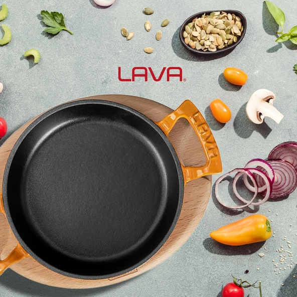 Lava Döküm Yuvarlak Sahan Döküm Demir Yekpare Çift Kulplu Kayın Servis Ahşabı. Çap(Ø)20cm.  Turuncu - Resim 7