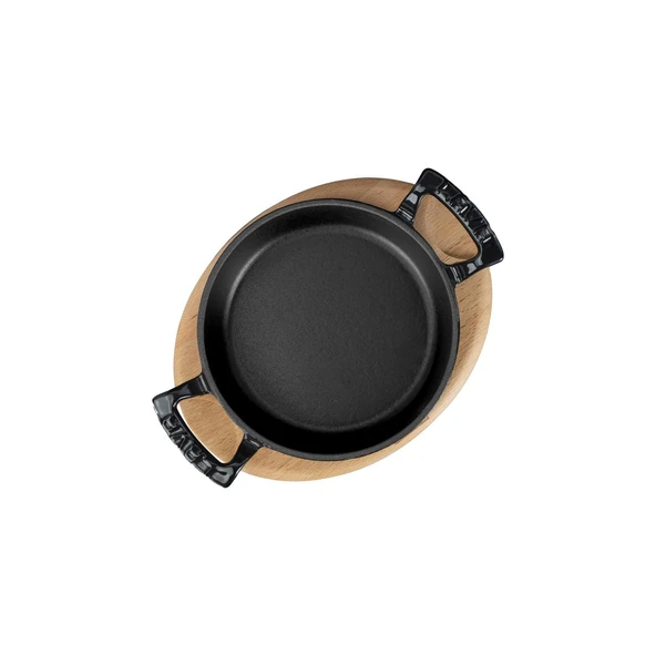 Lava Döküm Yuvarlak Sahan Döküm Demir Yekpare Çift Kulplu Kayın Servis Ahşabı. Çap(Ø)20cm.  Siyah - Resim 3