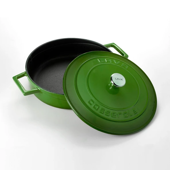 Lava Döküm Çok Amaçlı Yayvan Tencere. Folk Serisi Çap(Ø)28cm.  Yeşil - Resim 3