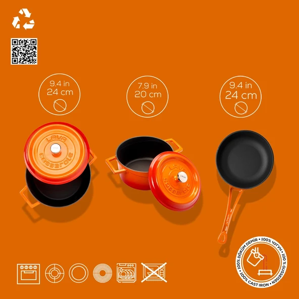 Lava Döküm 3x Trendy Serisi 6 Parça Tencere & Tava Seti  Turuncu - 3