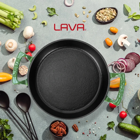 Lava Döküm Yuvarlak Sahan Döküm Demir Yekpare Çift Kulplu Çap(Ø)20cm.  Yeşil - 7