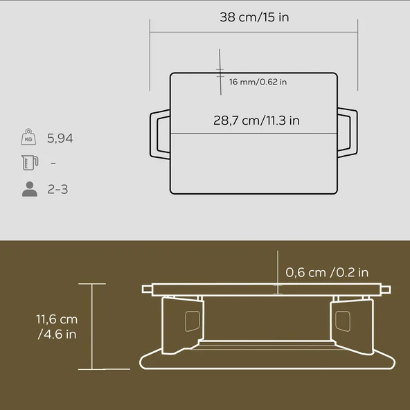 Lava Döküm Dikdörtgen Çift Yön Izgara Hot Plate Döküm Demir Yekpare Çift Kulplu Kayın Servis Ahşabı Ölçü 22x30cm.(Isıtıcı dahil değildir.) - 5