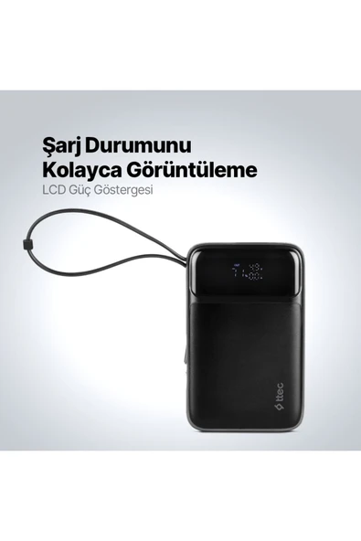 Ttec 2BB215S ReCharger Pro LCD 10.000 mAh PD 22,5W Lightning ve USB-C Dahili Kablolu Taşınabilir Hızlı Şarj Aleti - 5