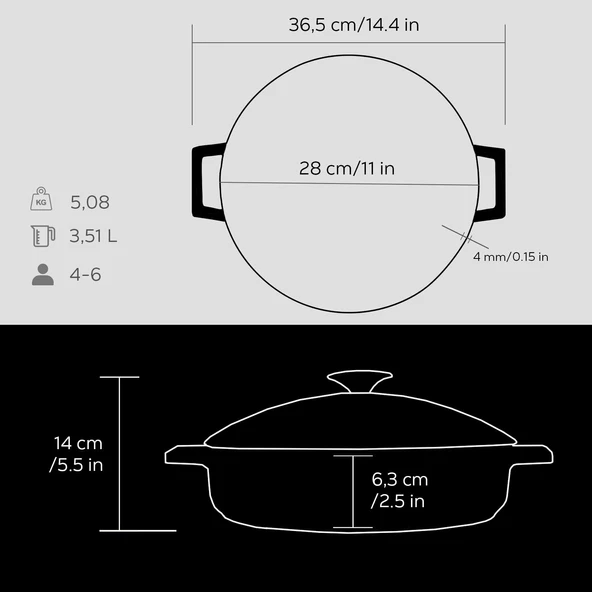 Lava Döküm Çok Amaçlı Yayvan Tencere. Glaze Serisi Çap(Ø)28cm.  Siyah - Resim 5