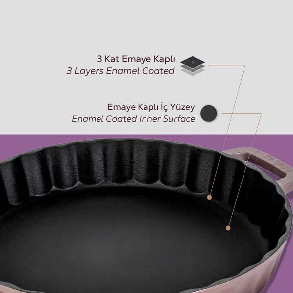 Lava Döküm Yuvarlak Rosto ve Fırın Tepsisi Döküm Demir Yekpare Çift Kulplu Çap(Ø)30cm.  Mor - 6