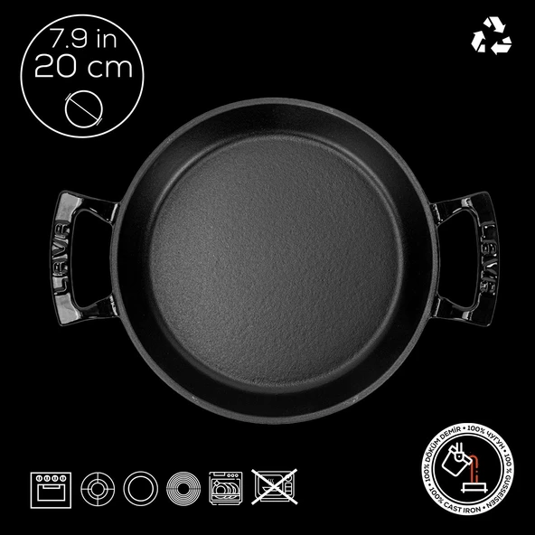 Lava Döküm Yuvarlak Sahan Döküm Demir Yekpare Çift Kulplu Çap(Ø)20cm.  Siyah - Resim 4