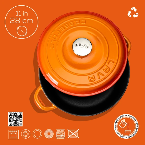 Lava Döküm Yuvarlak Çok Amaçlı Yayvan Tencere New Heritage Serisi Çap(Ø)28cm.  Turuncu - Resim 4