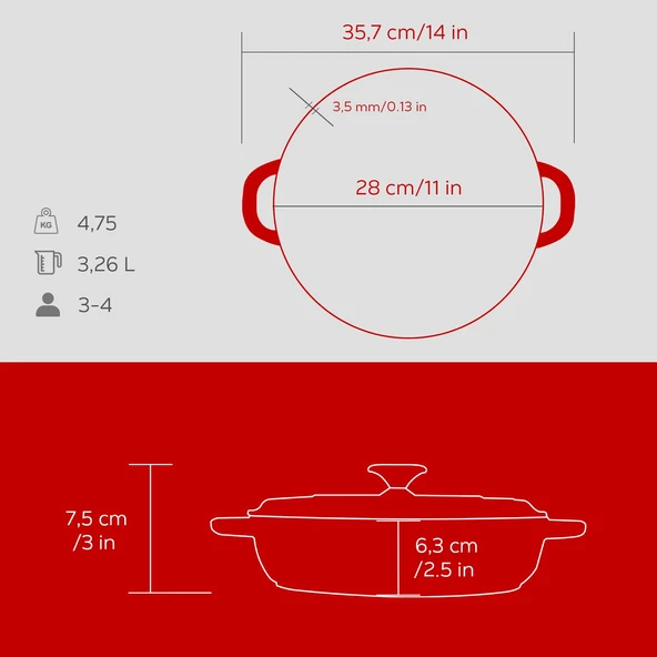 Lava Döküm Yuvarlak Çok Amaçlı Yayvan Tencere New Heritage Serisi Çap(Ø)28cm.  Kırmızı - Resim 5