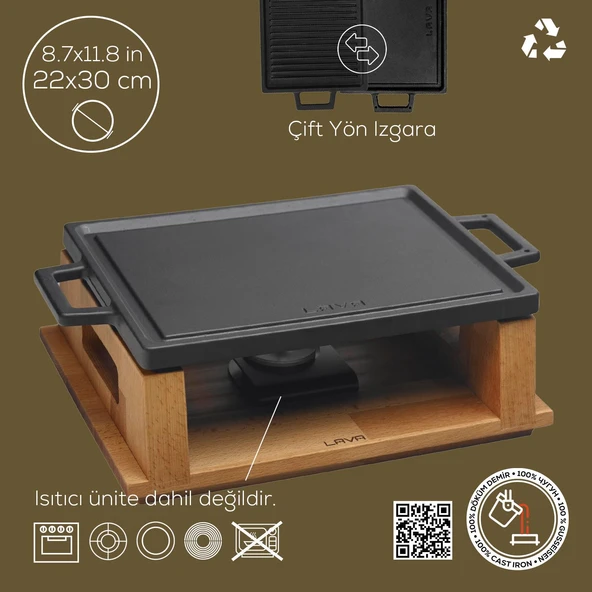 Lava Döküm Dikdörtgen Çift Yön Izgara Hot Plate Döküm Demir Yekpare Çift Kulplu Kayın Servis Ahşabı Ölçü 22x30cm.(Isıtıcı dahil değildir.) - 4