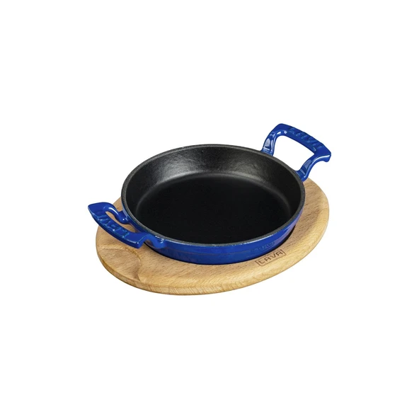 Lava Döküm Yuvarlak Sahan Döküm Demir Yekpare Çift Kulplu Kayın Servis Ahşabı. Çap(Ø)20cm.  Mavi - Resim 2