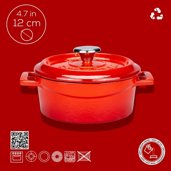 Lava Döküm Yuvarlak Tencere. Trendy Çap(Ø) 12cm.  Kırmızı - Resim 3