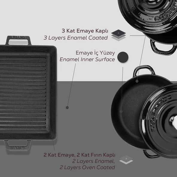 Lava Döküm 6X New Heritage Serisi Döküm Demir Tencere Tava Çeyiz Seti  Siyah - Resim 7