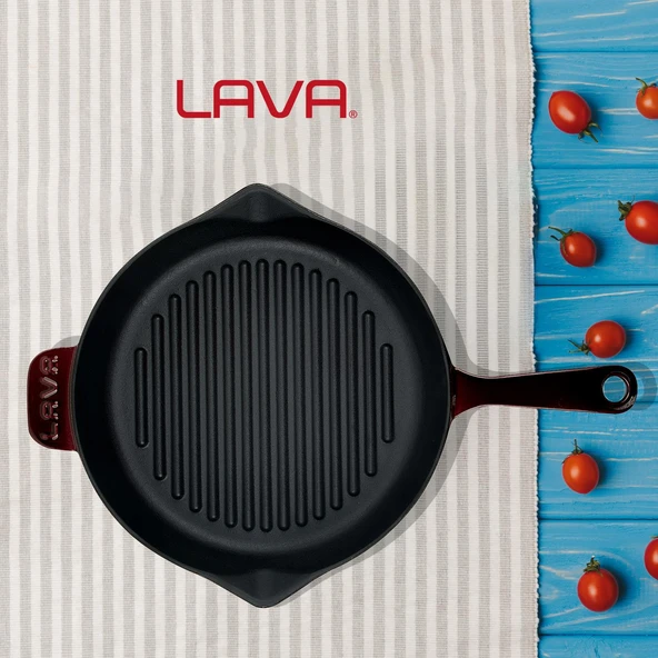 Lava Döküm Yuvarlak Izgara Tavası Döküm Demir Yekpare Saplı Premium Serisi. Çap(Ø)28cm.  Mor - Resim 7