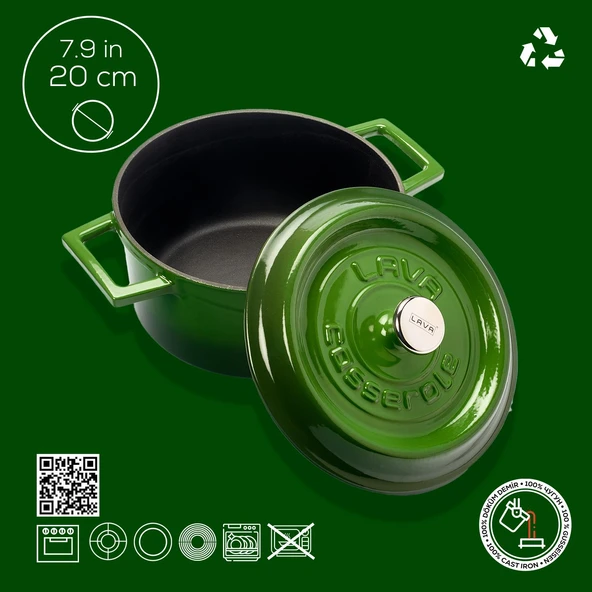 Lava Döküm Yuvarlak Tencere. Trendy Çap(Ø)20cm.  Yeşil - Resim 4