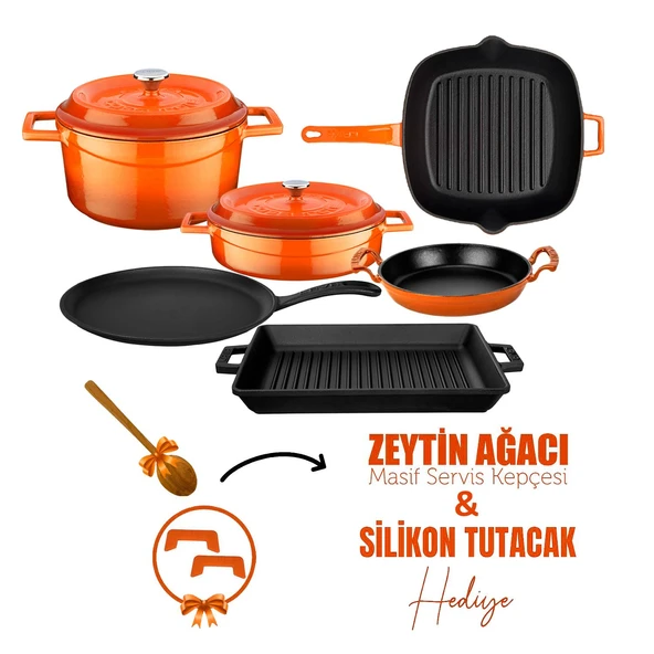 Lava Döküm 6x Trendy Serisi 8 Parça Tencere & Tava Seti  Turuncu