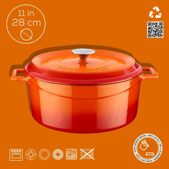 Lava Döküm Yuvarlak Tencere. Trendy Çap(Ø)28cm.  Turuncu - 4
