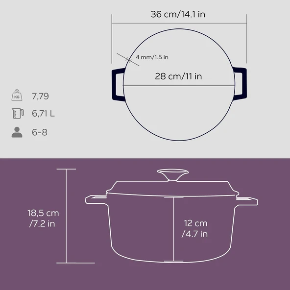 Lava Döküm Yuvarlak Tencere. Trendy Çap(Ø)28cm.  Mor - Resim 5