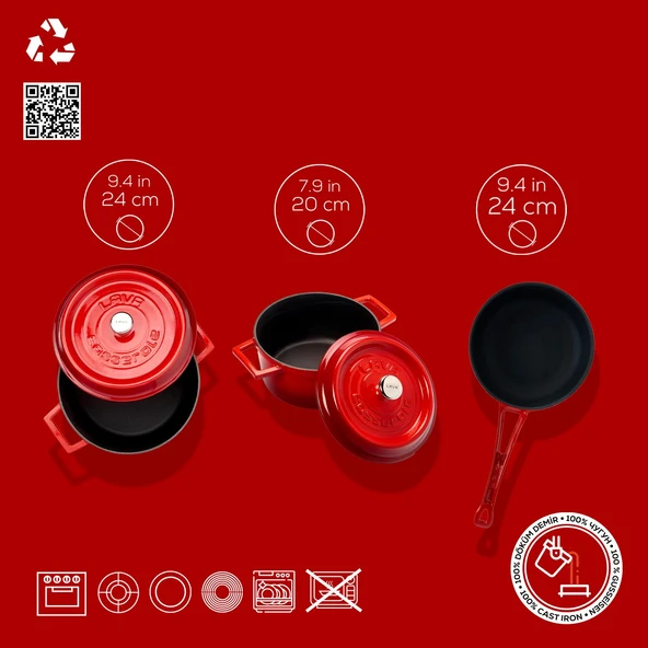 Lava Döküm 3x Trendy Serisi 6 Parça Tencere & Tava Seti Kırmızı - 3