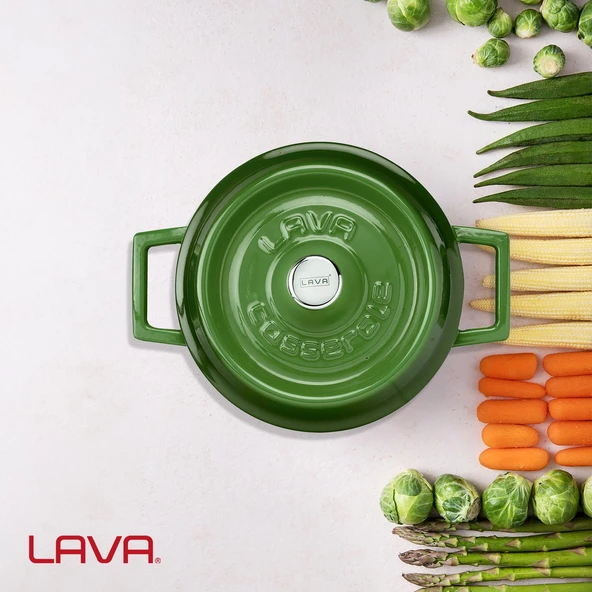 Lava Döküm Yuvarlak Tencere. Trendy Çap(Ø)20cm.  Yeşil - Resim 7