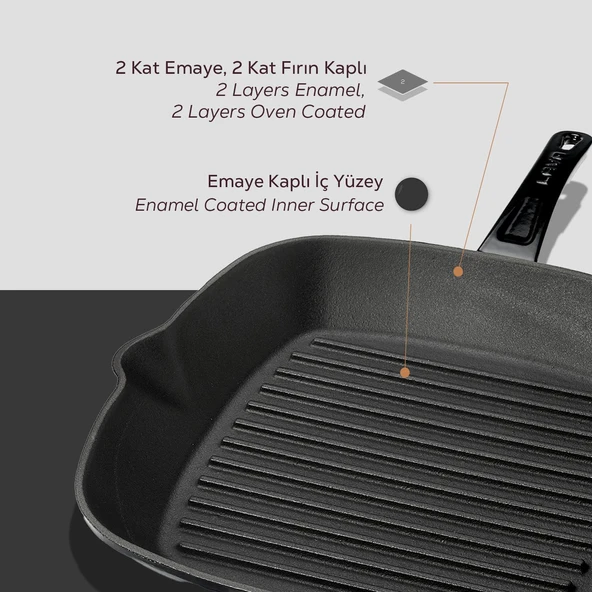 Lava Döküm Kare Izgara Tava Döküm Demir Yekpare Saplı Ölçü 28x28cm.  Siyah - Resim 4