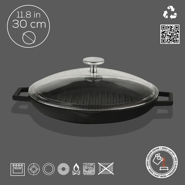 Lava Döküm Yuvarlak Izgara Tavası Cam Kapaklı Döküm Demir Yekpare Çift Kulplu Çap(Ø)30cm. - Resim 2