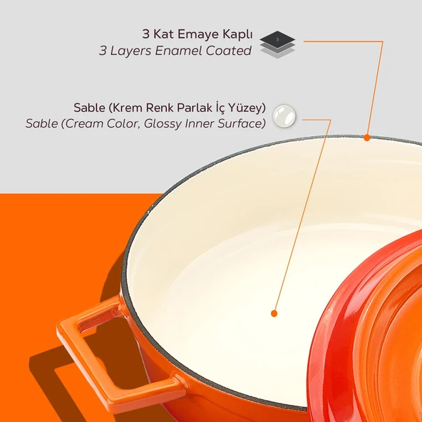 Lava Döküm Çok Amaçlı Yayvan Tencere Döküm Demir Yekpare Kulplu Edition Serisi Çap(Ø)28cm.  Turuncu - Resim 6