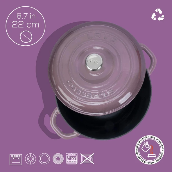 Lava Döküm Yuvarlak Tencere Döküm Demir Kapak New Heritage Serisi Çap(Ø)22cm.  Mor - Resim 4