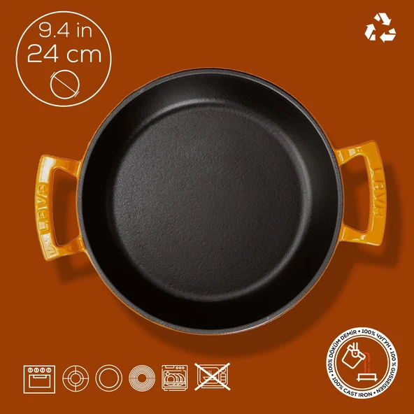 Lava Döküm Yuvarlak Sahan Döküm Demir Yekpare Çift Kulplu Çap(Ø)24cm.  Turuncu - Resim 4