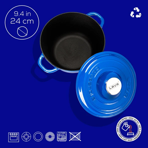 Lava Döküm Yuvarlak Tencere Döküm Demir Kapak New Heritage Serisi Çap(Ø)24cm.  Mavi - 4