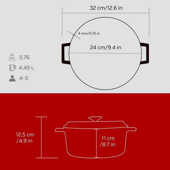 Lava Döküm Yuvarlak Tencere. Trendy Çap(Ø) 24cm.  Kırmızı - 5