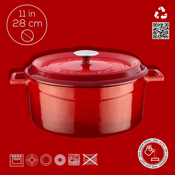 Lava Döküm Yuvarlak Tencere. Trendy Çap(Ø)28cm.  Kırmızı - 4