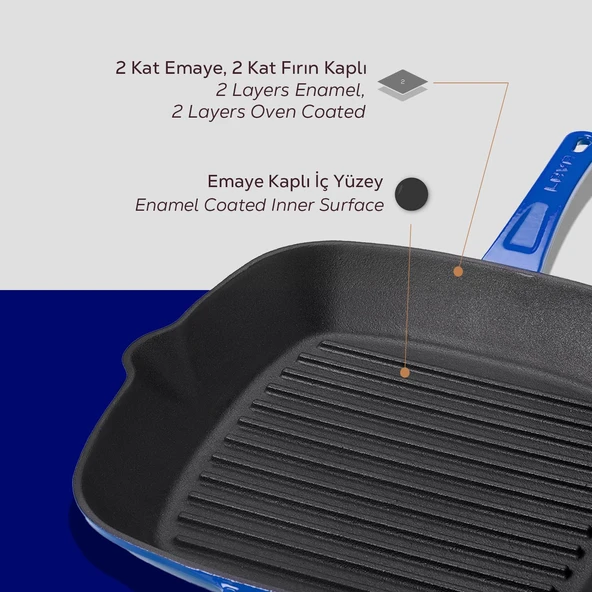 Lava Döküm Kare Izgara Tava Döküm Demir Yekpare Saplı Ölçü 28x28cm.  Mavi - Resim 6