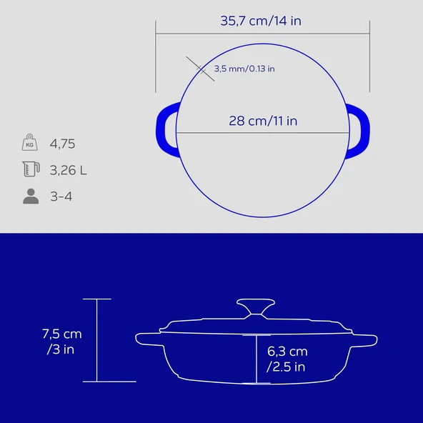Lava Döküm Yuvarlak Çok Amaçlı Yayvan Tencere New Heritage Serisi Çap(Ø)28cm.  Mavi - Resim 5