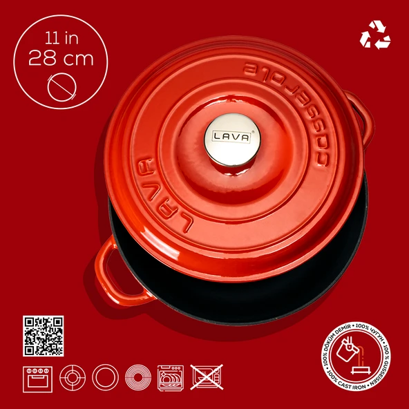 Lava Döküm Yuvarlak Çok Amaçlı Yayvan Tencere New Heritage Serisi Çap(Ø)28cm.  Kırmızı - Resim 4