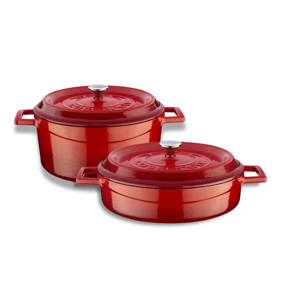 Lava Döküm Yuvarlak Derin ve Sığ 5 Parça Tencere Seti  Kırmızı - Resim 2