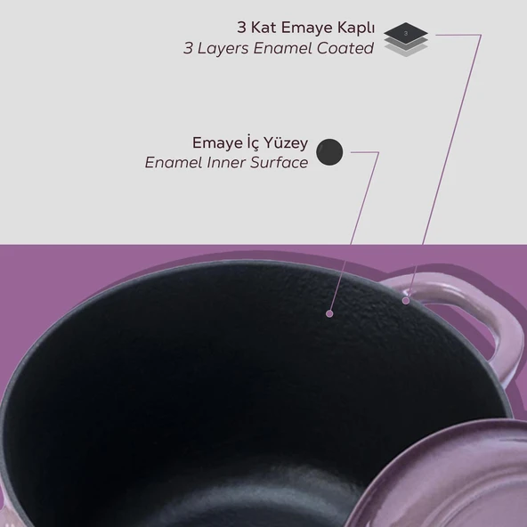 Lava Döküm Yuvarlak Tencere Döküm Demir Kapak New Heritage Serisi Çap(Ø)22cm.  Mor - Resim 6