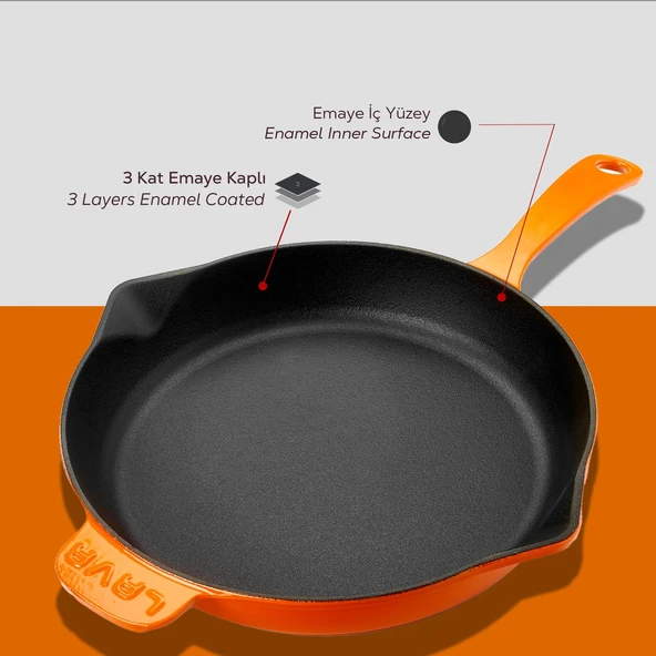 Lava Döküm Yuvarlak Kızartma Tavası Döküm Demir Yekpare Saplı. Çap(Ø)28cm  Turuncu - Resim 6