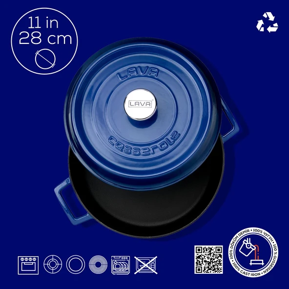 Lava Döküm Çok Amaçlı Yayvan Tencere. Trendy Serisi Çap(Ø)28cm.  Mavi - Resim 4
