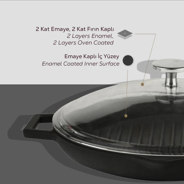 Lava Döküm Yuvarlak Izgara Tavası Cam Kapaklı Döküm Demir Yekpare Çift Kulplu Çap(Ø)30cm. - Resim 4