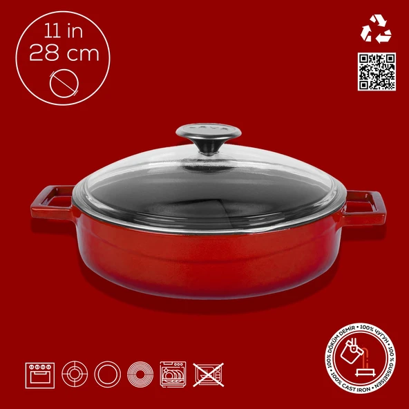 Lava Döküm Çok Amaçlı Yayvan Tencere. Glaze Serisi Çap(Ø)28cm. Kırmızı - 4