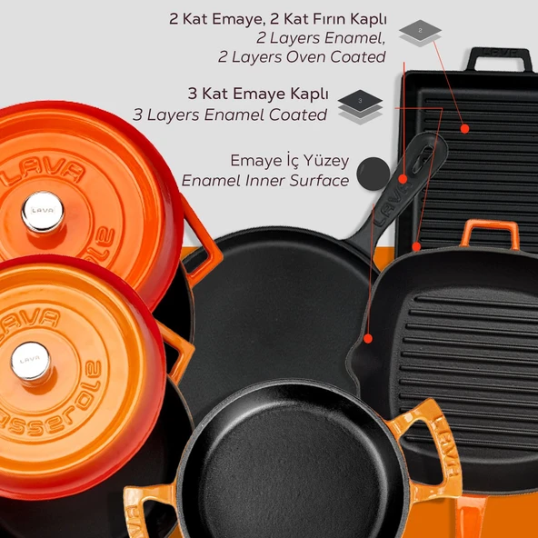 Lava Döküm 6x Trendy Serisi 8 Parça Tencere & Tava Seti  Turuncu - Resim 7