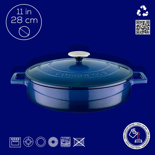 Lava Döküm Çok Amaçlı Yayvan Tencere. Folk Serisi Çap(Ø)28cm.  Mavi - Resim 3