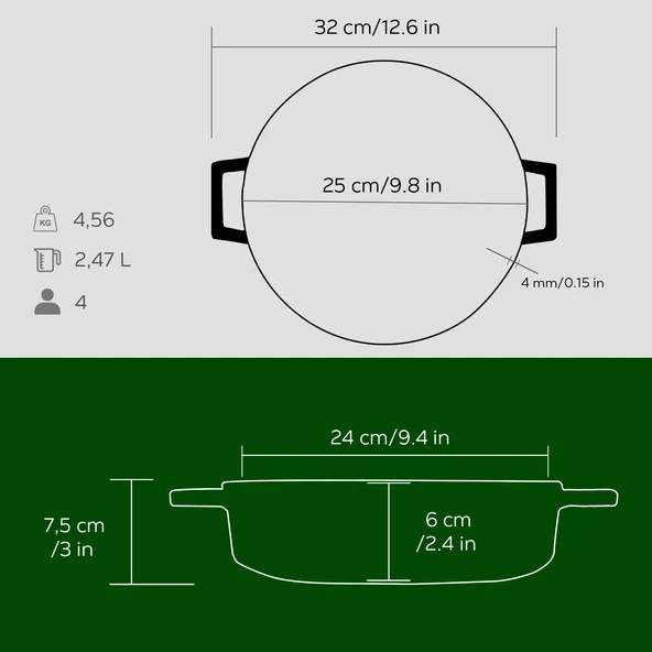 Lava Döküm Çok Amaçlı Yayvan Tencere. Trendy Serisi Çap(Ø)24cm.  Yeşil - Resim 5