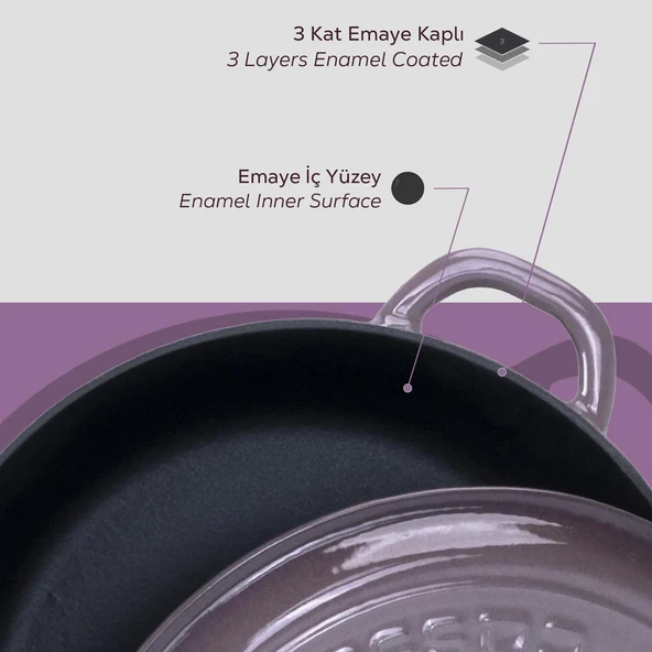 Lava Döküm Yuvarlak Çok Amaçlı Yayvan Tencere New Heritage Serisi Çap(Ø)28cm.  Mor - Resim 6