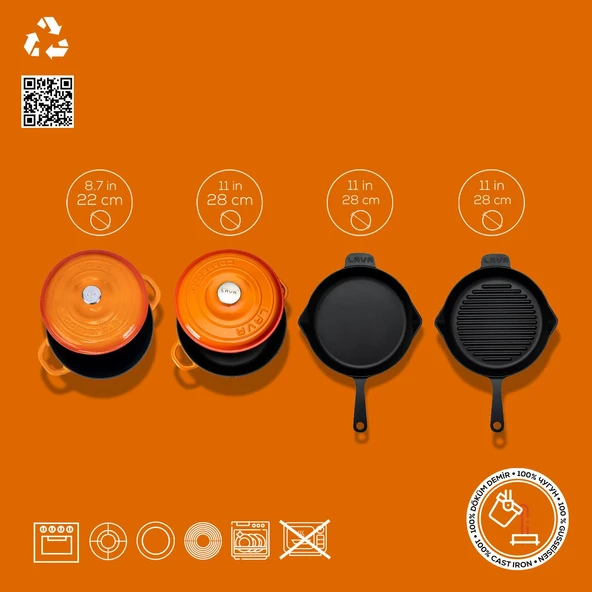 Lava Döküm 4X New Heritage Serisi Döküm Demir Tencere Tava Çeyiz Seti  Turuncu - Resim 4