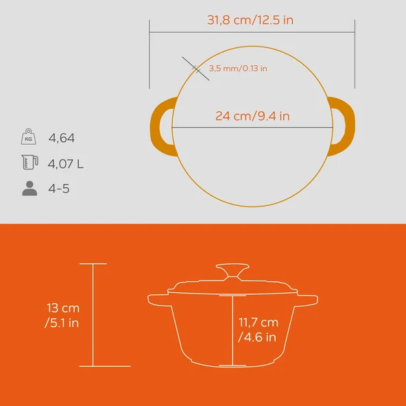 Lava Döküm Yuvarlak Tencere Döküm Demir Kapak New Heritage Serisi Çap(Ø)24cm.  Turuncu - Resim 5