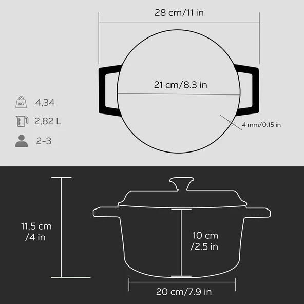 Lava Döküm Yuvarlak Tencere. Trendy Çap(Ø)20cm.  Siyah - Resim 5
