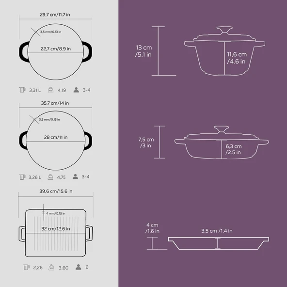 Lava Döküm 6X New Heritage Serisi Döküm Demir Tencere Tava Çeyiz Seti  Mor - Resim 6